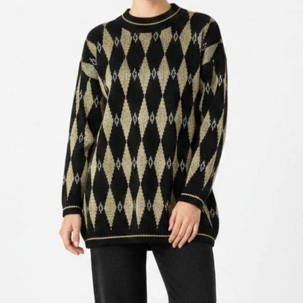 Vintage Trimmings Metallic Gold Argyle Sweater Women Medium Black Diamond USA